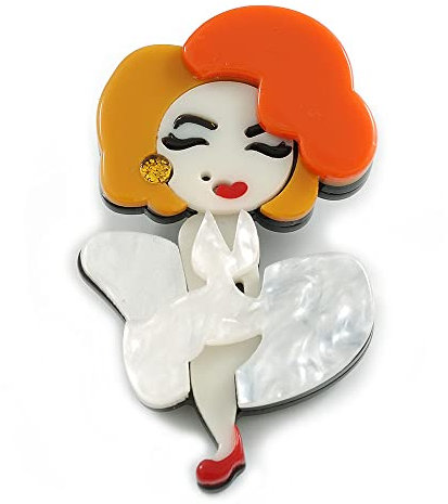 Broche Marilyn Monroe en acrylique Blanc/orange/jaune – 65 mm de haut, taille unique, Plastique, Pas de gemme