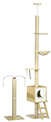 PawHut Árbol para Gatos del Suelo al Techo 225-285 cm Altura Ajustable Árbol para Gatos Grande con Plataformas Hamaca Caseta Poste de Yute Rampa y Bolas 40x40x225-285 cm Beige