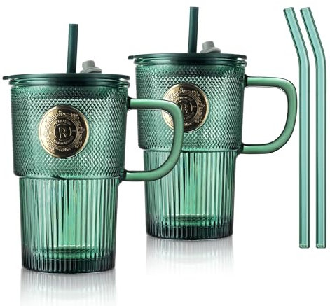 Joeyan 430ml Green Glass Tumbler with Straws and Lids, Glass Mug Iced Coffee Cup with Handle Set of 2, Colored Glasses Drinking Jar for Smoothie Matcha Coffee Tea Juice Beverages