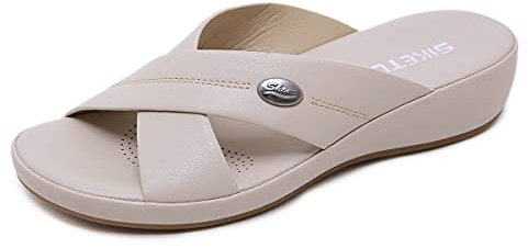 Sandales Femmes Plat Mules Été Doux Confortables Nu-Pied Cuir PU Plage Vacances Chaussons Taille 36-42 EU (40,Beige)
