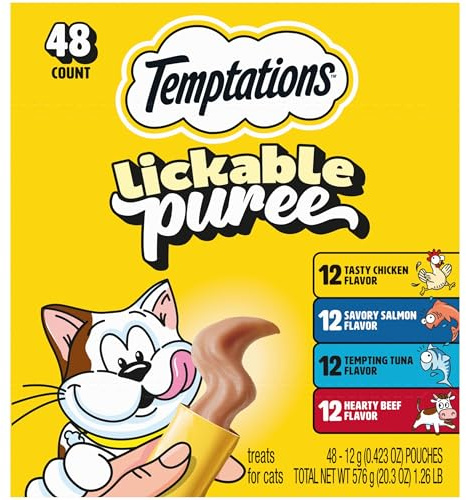 Temptations Creamy Puree Squeezable Lickable Cat Treats, Wet Cat Treats with Beef, Salmon, Chicken, and Tuna Variety Pack, 0.42 oz. Tubes, 48 Count