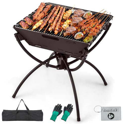 COSTWAY Camping Fire Pit, Portable Campfire Grill with Cooking Grills, Carrying Bag and Gloves, 3-In-1 Stainless Steel Wood Burning Firepit Grill for Outdoor Cooking Picnics Bonfire (Coffee)