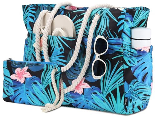 Kasgo Strandtasche XXL Familie Damen groß Wasserdichte Badetasche mit Reißverschluss Leichte Beach Bag Faltbare Shopper Tote Bag für Strand Schwimmbad Fitnessstudio Reisen Grünes Blatt
