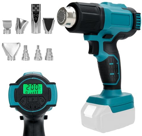 Pistola ad Aria Calda Compatibile con Makita 18V Batteria, PistolaTermica a batteria con 8 Ugelli, 4 Controlli di Temperatura, max 500 °C, display LCD, per asciugare, piegare tubi