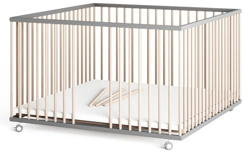 Sämann Laufstall Baby mit 3 Schlupfsprossen | TÜV geprüft | stufenlos höhenverstellbar | Laufgitter Premium | Babybett aus Holz | Krabbelgitter (grau/natur, 120x120 cm)