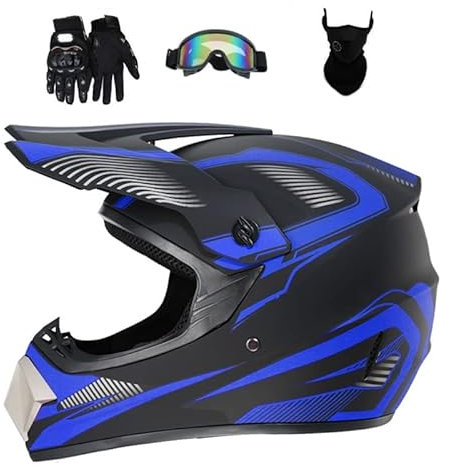 HaTur Casco Motocross Casco Offroad ATV Casco Dot Casco Dirt Bike Unisex Joven Casco de Moto con Guantes Gafas Máscara (Azul, L)