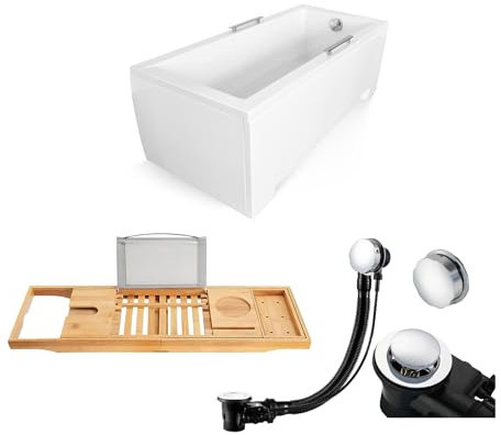 BADLAND Premium Set 5in1 Badewanne Rechteck Acryl Weiß Wanne MODERN 120x70 cm, Made in EU + Verkleidung (Acrylschürze) + Bambus Badewannenablage, Moderne Design, mit Ablaufgarnitur und Füßen