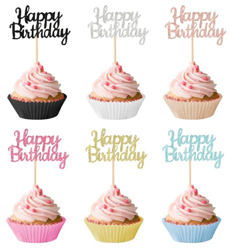 24 Pack Happy Birthday Cupcake Toppers Glitter Birthday Cupcake Toppers Sticks 6 Colors Birthday Cake Toppers Food Picks for Happy Birthday Party Anniversary Celebration Cake Cupcake Decorations