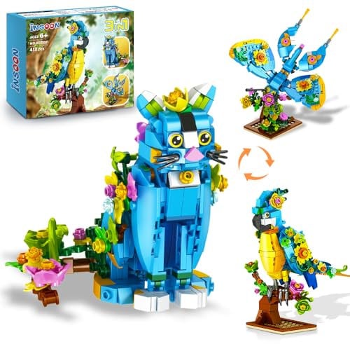 INSOON 3 in 1 Flower Parrot Building Set, Butterfly Cat Parrot Animal Figures Building Toy, Home Office Art Decor, 412 PCS Building Block Gift for Kids Boys Girls Ages 6 7 8 9 10 11 12+ Adults