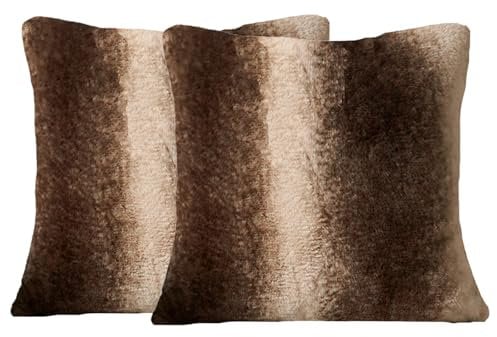 OHS Fluffy Cushion Covers, Stripe Faux Fur Shaggy Cushion Covers 45 x 45 cm Textured Super Soft Fleece Living Room Sofa, 18 x 18 - Pack of 2, Natural Brown