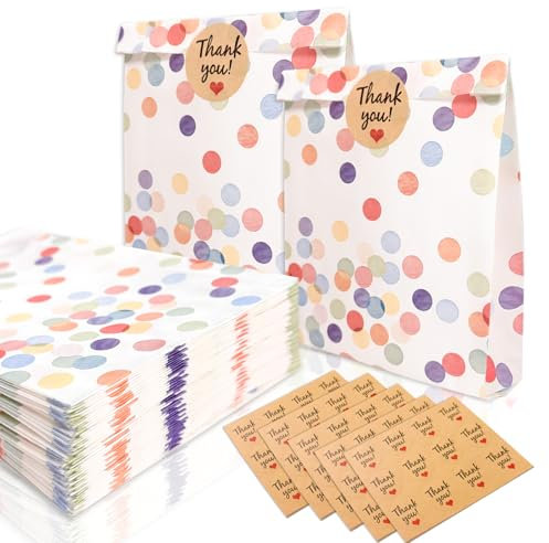 TAIHOBO Geschenktüten Kindergeburtstag, 50 Stück Papiertüten Klein 19×13×3,5cm, Bunt Mitgebsel Tüten Kindergeburtstag, Runde Punkte Geschenktüten Klein mit 60 Aufkleber für Hochzeit Feiern Feste Party