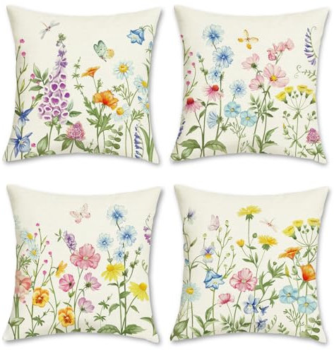 Bonhause 4er Set Kissenbezüge Blumen Garten 45 x 45 cm Bunt Blume Blätter Dekorative Kissenhülle Zierkissenbezüge für Sofa Schlafzimmer Zuhause Garten Dekoration