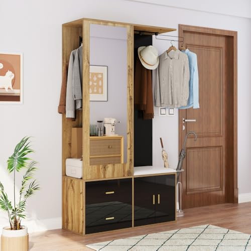 Zubaliya Ensemble de Meuble Entree 100x38x180cm avec Miroir,Meuble à Chaussures,Banc à Chaussures avec Crochets et Tringle à vêtements Extensible,Meuble vestiaire d'entrée (Noir + Naturel)