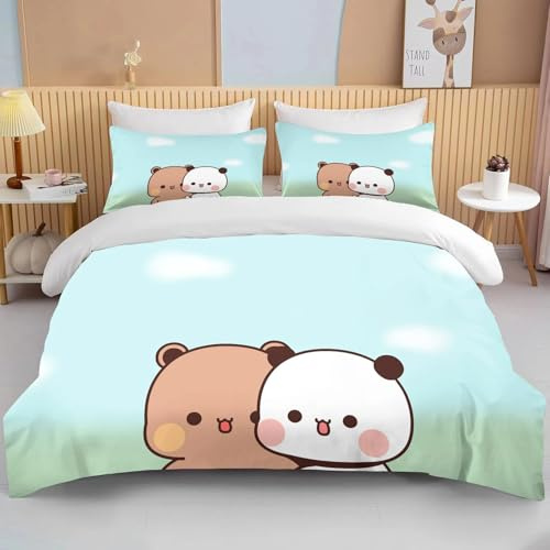 ZJMZF 3D Printed Cartoon Cute One Two and Bubu Bed Linen, 2/3-Piece Set of Cute Pandas for Children and Couples, Soft Linen Microfibre, Single and Double 135 × 200 cm (135x200cm+80x80cmx1,A4)