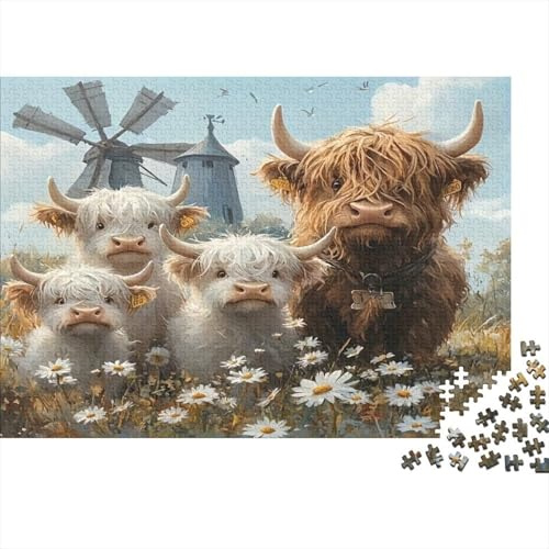 Highland Cows Jigsaw Puzzle Windmill 1000 Piece Recycled Paper Adults Jigsaws Fun Game Family Activity Home Decoration Great Gift Idea 38x26cm/1000pcs