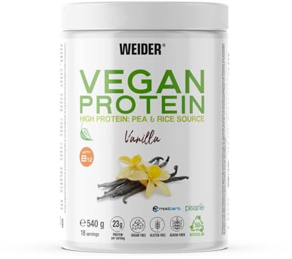 Weider Vegan Protein (540g) Vanille-Geschmack, 23g Protein/Dosis | 100% pflanzliches Protein aus Erbse (Pisane) + Reis, mit Vitamin B12, Akazienfaser, Stevia, Zuckerfrei, Glutenfrei