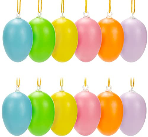 Helmecke & Hoffmann 12er-Set Bunte Ostereier zum Aufhängen - farbige Eier | Dekoeier 6 Farben | farbige Ostereier Osterdeko | Ostereierdeko Ei Höhe: ca. 5 cm