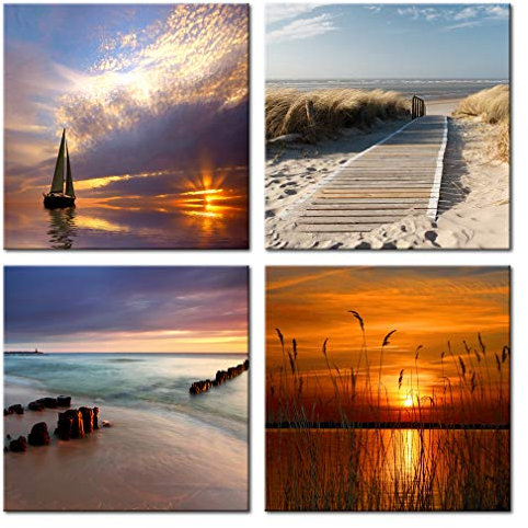 decomonkey - Impression sur Toile Plage Mer 80x80 4 Pièces - Tableau Décoration Appartement Cadre en Bois Déco Salon Peinture sur Toile Bateaux mer nature paysage plage coucher de soleil voiliers