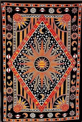 THE ART BOX Indie Wandteppich Baumwolle Mandala Wandbehang Deko Teppich Aesthetic Room Decor Dekoration Wohnzimmer Indische Tücher Schlafzimmer Deko, Gelb Orange, 75x100 Cm