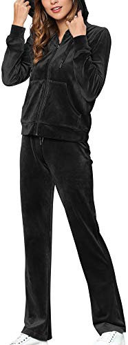 MessBebe, tuta da ginnastica da donna in velluto per il tempo libero lo sport 2 pezzi felpa con cappuccio a maniche lunghe con zip e pantaloni lunghi sportivi Nero, XXL