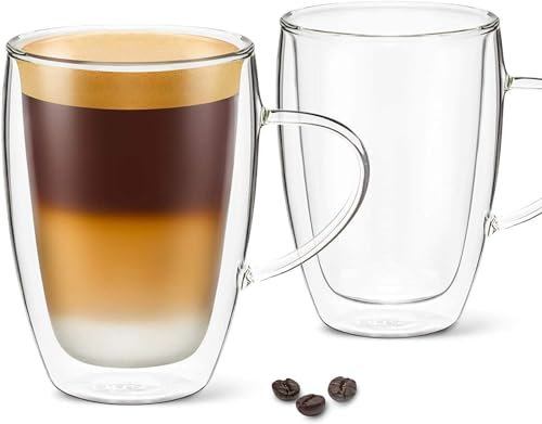 DLux Latte Coffee Mugs 350ml, 12oz Latte Clear Glass Set of 2 Cups with Handles, Double Wall Insulated Borosilicate Glassware Cup - Wine, Tea Glasses