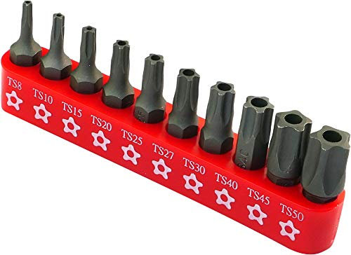 AERZETIX - C45933 - Lot de 10 Embouts 1/4'' T8,T10,T15,T20,T25,T27,T30,T40,T45,T50 - pour Vis Inviolable de Sécurité - Jeu/Support/Kit pour Tournevis/Visseuse - Empreinte Étoile à 5 Pans - Acier S2