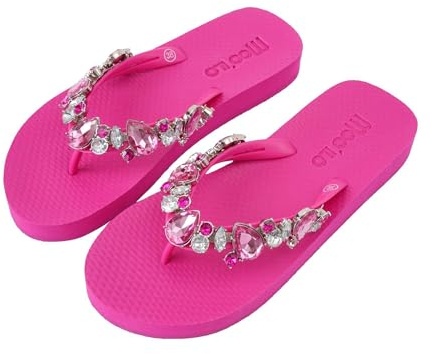 MOO´ILO Damen Sommer Zehentrenner Sandale 'Pink Pink' mit farbigen Strass Steinchen (handgestickt) - Ultraweiche Strandsandale mit natürlicher Barfußgefühl Spezial Sohle | EU39