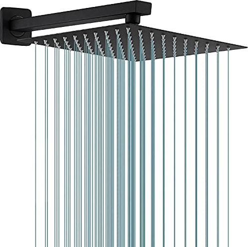 GGStudy Regenduschkopf schwarz mit Verlängerungsarm 30,5 cm quadratischer Duschkopf mit 40,6 cm Duscharm großer Edelstahl Regenduschkopf matt schwarz Wasserfall Ganzkörperabdeckung