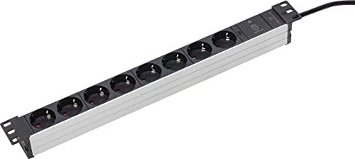 as - Schwabe 18193 8-Way Power Strip 19 Inch Rack for Universal Installation in 19 Inch Network Cabinets, Aluminium Housing, 2 m Plastic Sheathed Cable, 45° Arrangement, IP20, Silver/Black/Aluminium