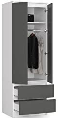 BDW Kleiderschrank mit 2 Türen, 2-türiger Kleiderschrank, 2 Schubladen - Aufbewahrungsschrank - Moderner Schrank für Schlafzimmer, Wohnzimmer, Flur, Kinderzimmer - 180x60x51cm - Weiß Graphit Grau