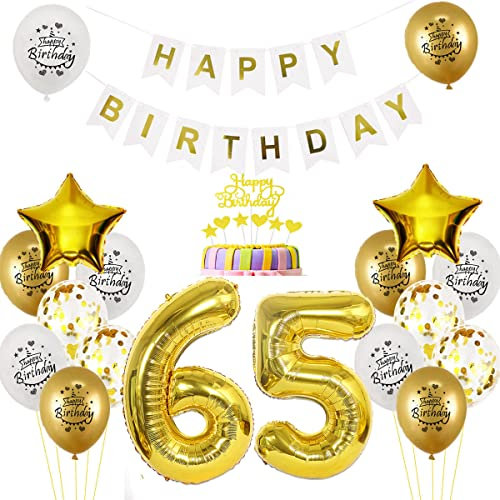 Luftballon 65. Geburtstag Deko Gold Weiß für Mann und Frau - Folienballon, Tortendeko, Happy Birthday Dekoration