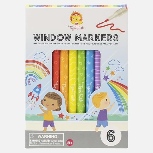 Tiger Tribe Marcadores de ventana – 6 bolígrafos de ventana para vidrio lavable, arte de ventana, bolígrafos para colorear para niños, borrado en seco, no tóxico, a partir de 3 años