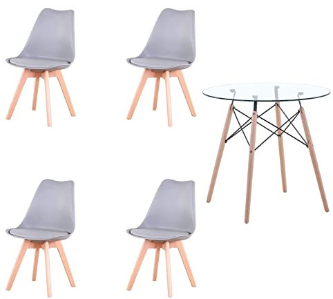HJhomeheart Runder Esstisch mit 4 Esszimmerstühlen für Esszimmer, Küche, Wohnzimmer, Esstisch aus Glas und Grauen Stühlen