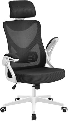 Yaheetech Sedia Ufficio Ergonomica con Braccioli Poggiatesta Regolabile Schienale Alto Funzione Dondolo Poltrona Scrivania Girevole in Rete Traspirante con Supporto Lombare Bianca/Nera