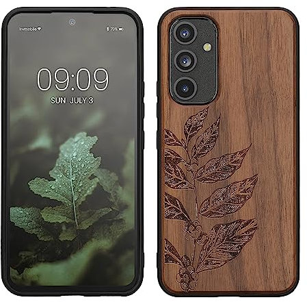 kwmobile Hülle kompatibel mit Samsung Galaxy A54 5G Hülle - Holz Case - Handy Cover - TPU Handyhülle in Dunkelbraun Blätterzweig