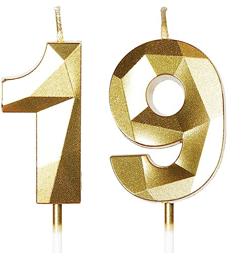 Yiran 19th Birthday Candles, Gold Number 19 Happy Birthday Candles, Cake Topper Decorations for Birthday Party, Wedding Anniversary Celebration Supply