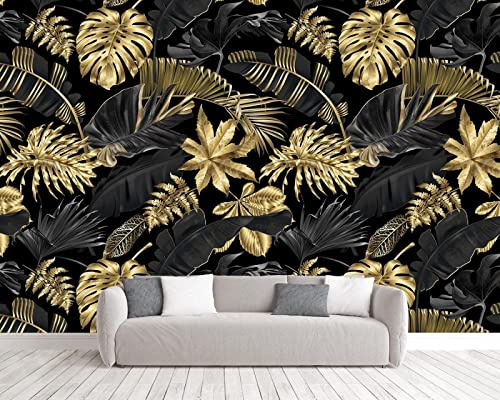 Papier Peint Panoramique Feuille De Bananier Noire Et Dorée Moderne Papier Peint 3D Intissé Décoration Murale