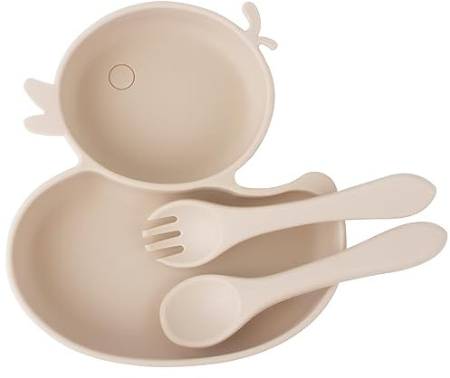 nohlerlife Assiette Bébé et Cuillère Fourchette Silicone Avec 2 Compartiment, Assiette Enfant Bol à Ventouse pour Bébé, Adapté au Lave-vaisselle et au Four à micro-ondes (Beige)