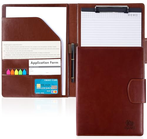 Agoer Schreibmappe A4 Klemmbrettmappe,PU-Leder Konferenzmappe DIN-A4 mit Magnetverschluss, Schreibbrett Klemmbrettmappe inklusive A4 Notizblock Dokumentenfächern und Stift - Braun