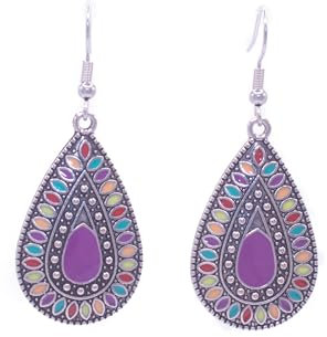 Pendientes bohemio vintage de plata tibetana y acero inoxidable plateado. Pendientes redondos mujer colgantes. Pendientes mujer esmaltado Ideal para regalar. (Gota)