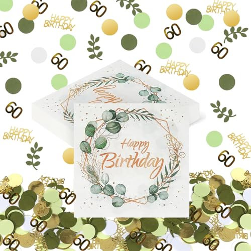 300 Stück Konfetti 60 Geburtstag Deko Grün Und 40 Stück Servietten Eukalyptus, Happy Birthday Tischdeko Grün, Mann Tischdekorationen