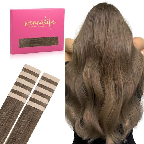 WENNALIFE Tape Extensions Echthaar, 30cm 20g 10 Stück Invisible Tape in Extensions Echthaar, Echthaar Extensions Tape, Haarverlängerung Echthaar, Remy Gerade Haarextension Echthaar #5 Helles Ash Braun