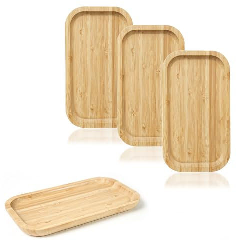 Esmula 4 bandejas de bambú rectangulares para servir, bandejas de madera, bandejas de bambú, para servir, platos de bambú, para suculentas (25 x 14 x 2 cm), YCEU-Tuopan4pWood