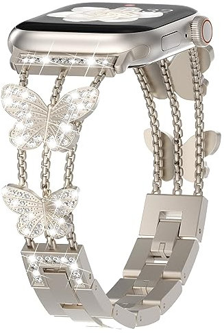 KADES 46mm 45mm 44mm 42mm(Series 3 2 1) für Apple Watch Armband für Damen,Schmetterlings Glitzer Gliederarmband Edelstahl Ersatzarmband für Apple Watch Series SE/10/9/8/7/6/5/4/3/2/1,Sternenlicht