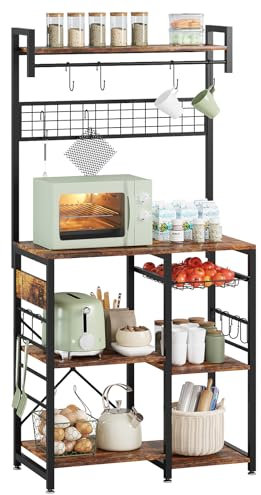 TREETALK Backers Rack, Kitchen Rack with 4 Shelves, Basket, 12PCS Hooks, Microwave Stand with Upper Shelf&Mesh Frame for Spices, Pots and Pans - Rustic Brown