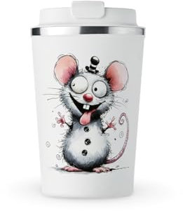 MAXIKIWI Isolierter doppelwandiger, auslaufsicherer Edelstahlbecher, Kaffee- oder Tee-Reisebecher mit Deckel, hält Getränke heiß und kalt, Aquarell-Motiv mit lustigem Maus-Design, 3–350 ml