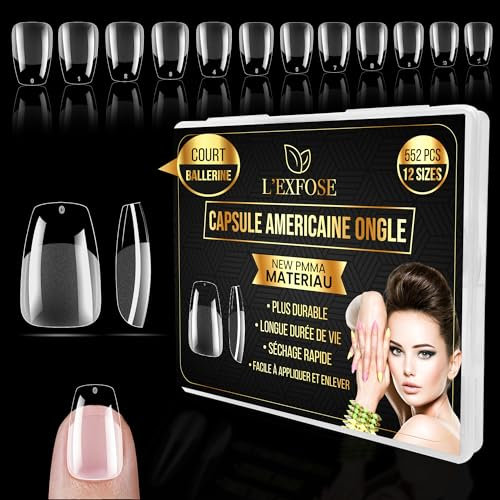 L'Exfose 552 pcs Capsule Americaine Ongle Court - 12 Tailles New PMMA Hypoallergenique Ballerine Faux Ongles Court for DIY Nail Art & Salon - Semi Transparent Press On Nails Court