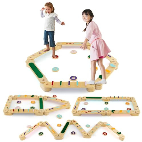 COSTWAY Balancierbalken Kinder, DIY Schwebebalken mit 6 Balanciersteine, beidseitig Montage, Balance Board Indoor für Kinder ab 1 Jahre, aus Holz