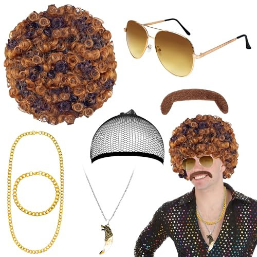 Horolam 7PCS 70s 80s Disco Perücke für Männer, Afro Perücke für Männer kurz gelockt Disco Perücke Kostüm Zubehör für Cospay Hippies Party