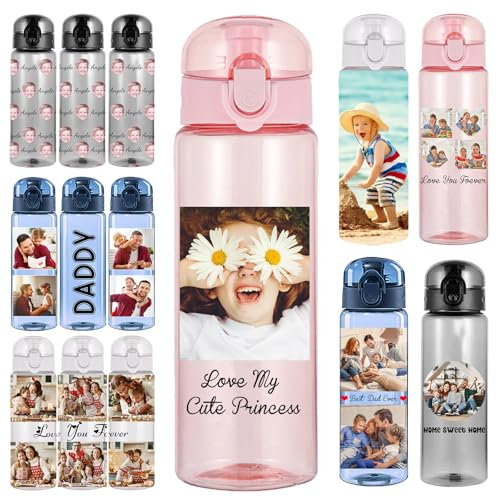 YanNanKe Bouteilles d'eau en plastique personnalisées de 750ml avec nom et image Bouteilles d'eau photo anti-fuite personnalisées avec poignée pour filles garçons école sport voyage